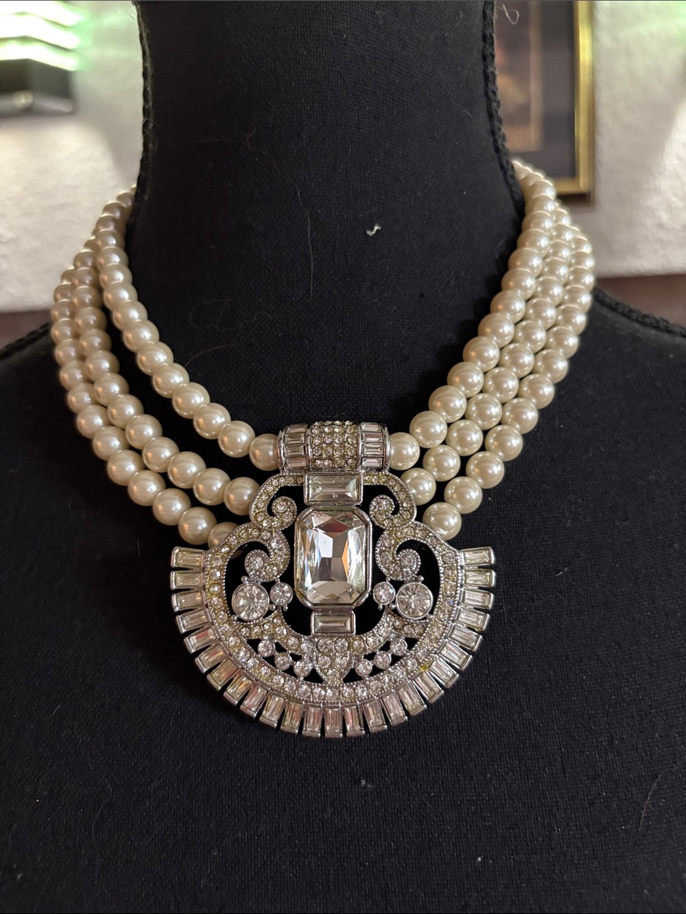Banana Republic Cream Pearl Triple-Strand Necklace with Silver Crystal Medallion